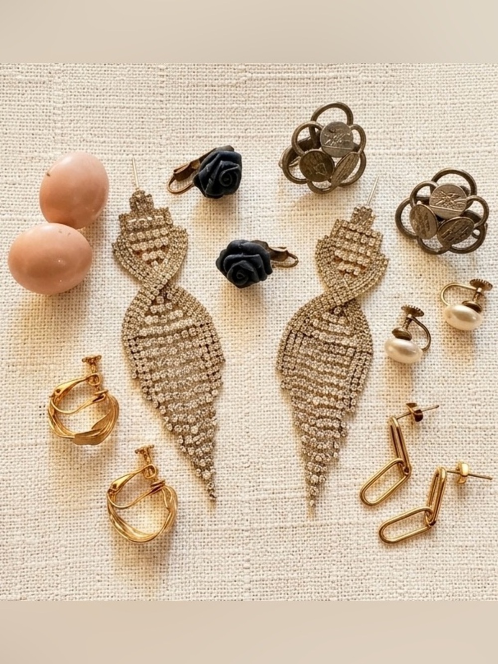 7 Pair Coquette Earring Lot Richelieu Sarah Cov Napier Rhinestone Pearl VTG